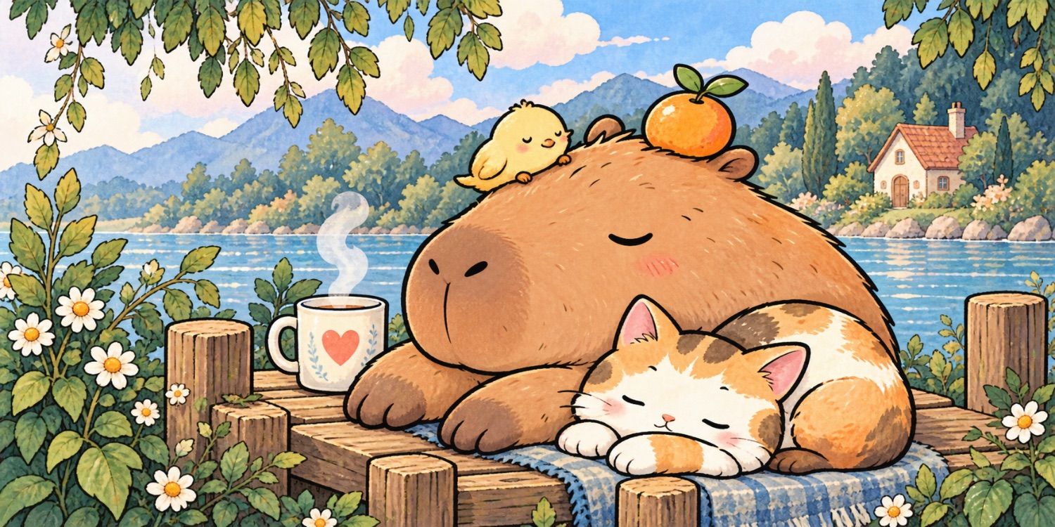A sleepy capybara and a calico cat curled up together on a wooden jetty by a lake, with a little chick and an orange on the capybara’s head and a mug of tea beside them