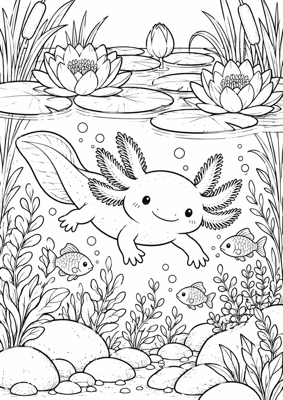 Classic colouring page: a smiling axolotl swimming underwater in a pond below lily pads and flowering water lilies, with reeds, water plants, bubbles, small fish and stones