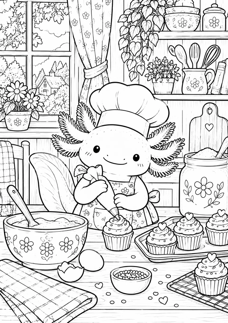 Classic colouring page: an axolotl wearing a chef hat and apron piping icing onto cupcakes at a kitchen table, with a mixing bowl, flour jar, eggs, a bowl of sprinkles and kitchen shelves