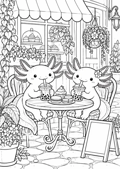 Classic colouring page: two axolotls sitting at a round café table drinking bubble tea with tapioca pearls, with a plate of cakes, a striped awning, flowerpots and a chalkboard sign