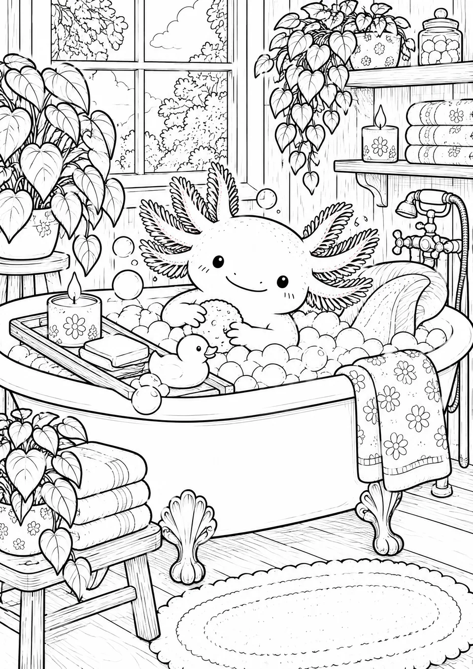 Classic colouring page: an axolotl relaxing in a claw-foot bathtub full of bubbles holding a sponge, with a rubber duck, a candle and soap on a bath tray, towels, a bath mat and houseplants