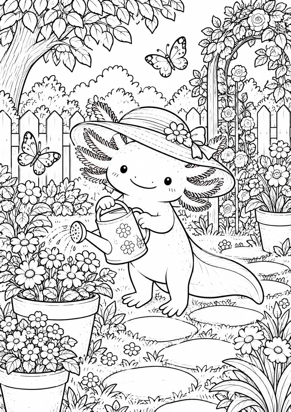 Classic colouring page: an axolotl in a straw sunhat watering flowers with a watering can, with flowerpots, stepping stones, a rose arch, a white fence and butterflies