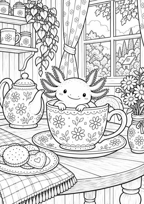 Classic colouring page: a smiling axolotl with feathery gills peeking out of a large flowery teacup on a saucer, beside a matching teapot, a plate of biscuits and a vase of daisies