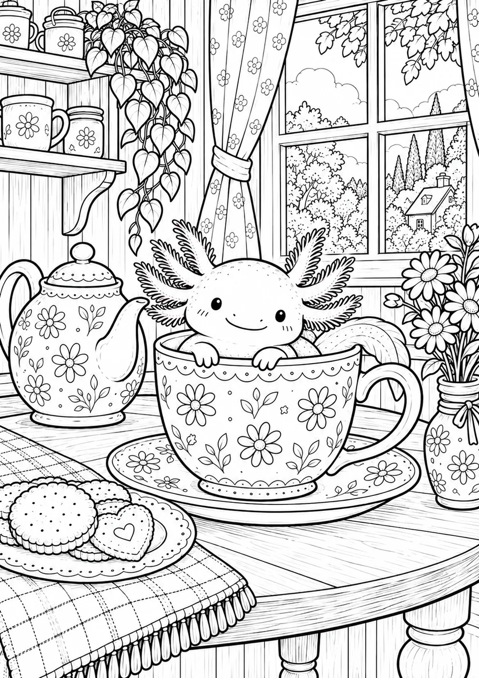 Classic colouring page: a smiling axolotl with feathery gills peeking out of a large flowery teacup on a saucer, beside a matching teapot, a plate of biscuits and a vase of daisies
