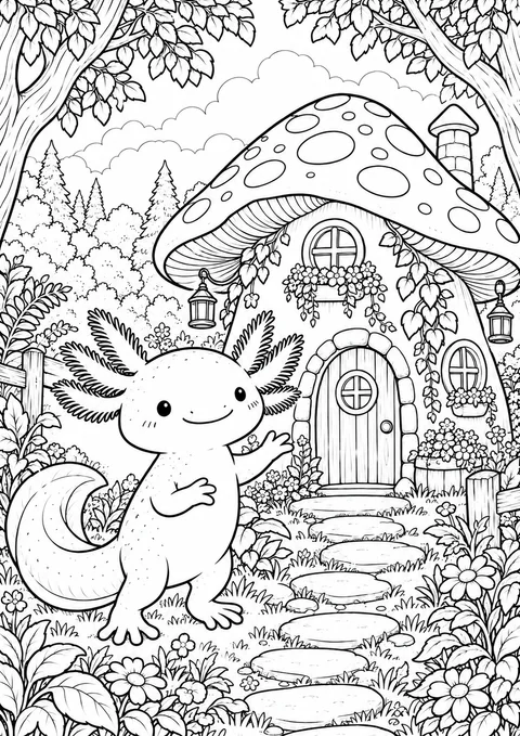 Classic colouring page: a smiling axolotl with feathery gills standing beside a mushroom cottage with a spotted cap, a round wooden door, lanterns and window boxes, with stepping stones, wildflowers and trees around it
