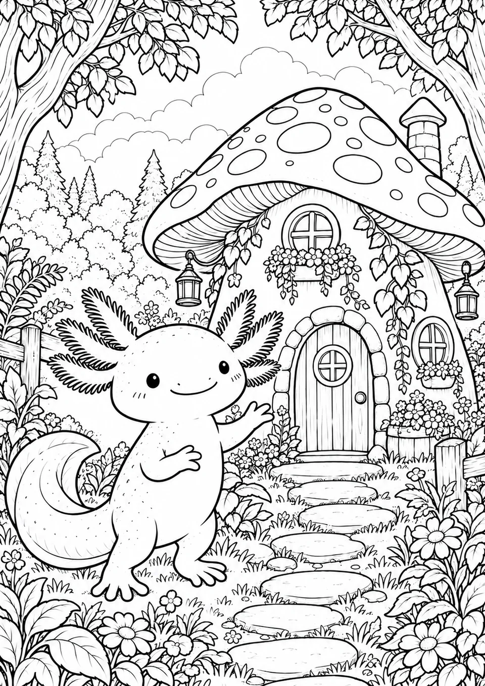 Classic colouring page: a smiling axolotl with feathery gills standing beside a mushroom cottage with a spotted cap, a round wooden door, lanterns and window boxes, with stepping stones, wildflowers and trees around it