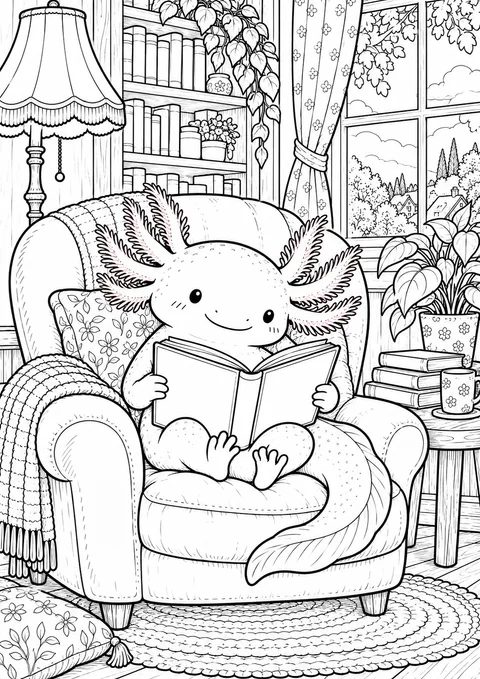 Classic colouring page: an axolotl with feathery gills sitting in a big armchair reading an open book, with cushions, a blanket, a lamp, bookshelves and a potted plant around it