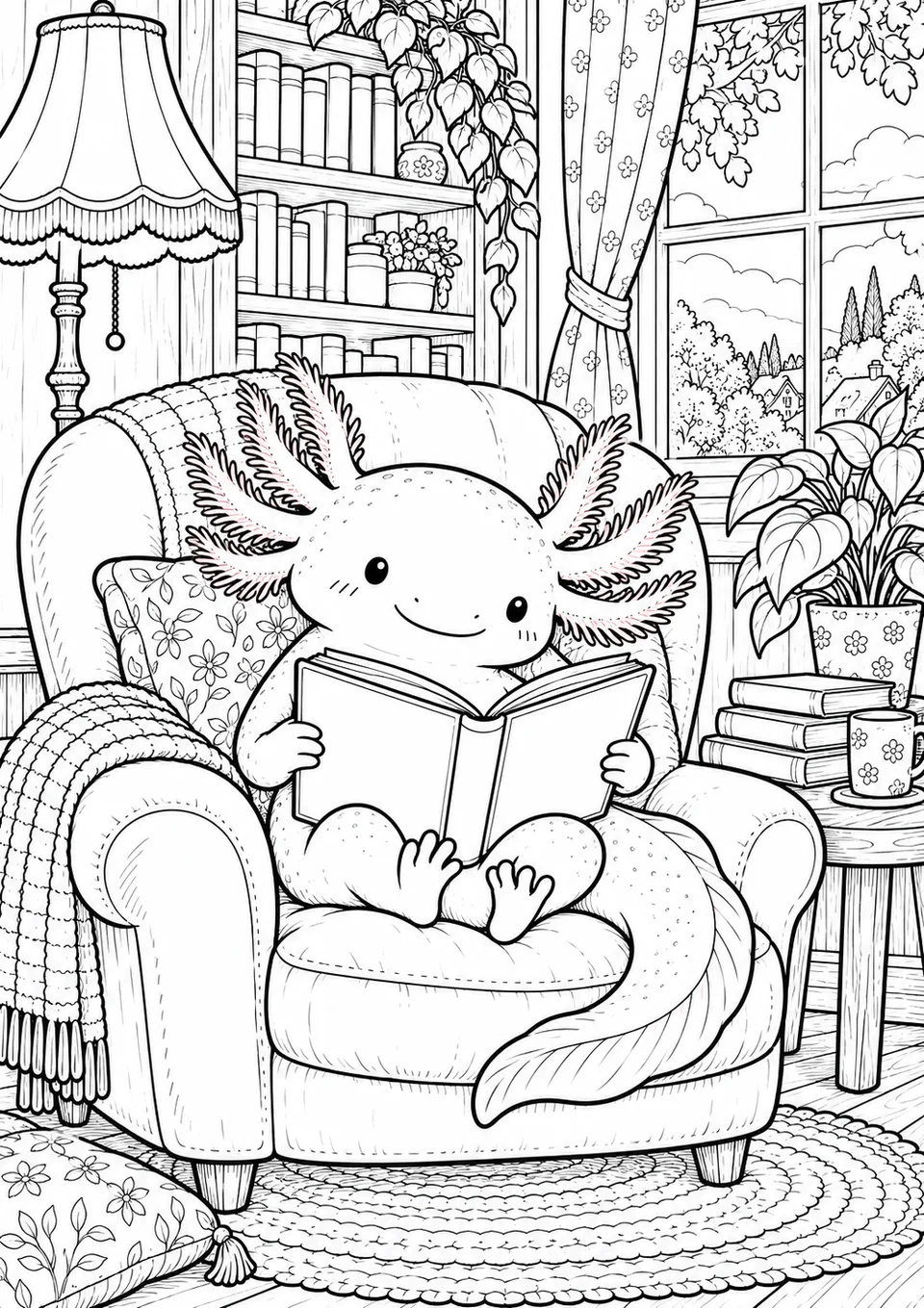 Classic colouring page: an axolotl with feathery gills sitting in a big armchair reading an open book, with cushions, a blanket, a lamp, bookshelves and a potted plant around it