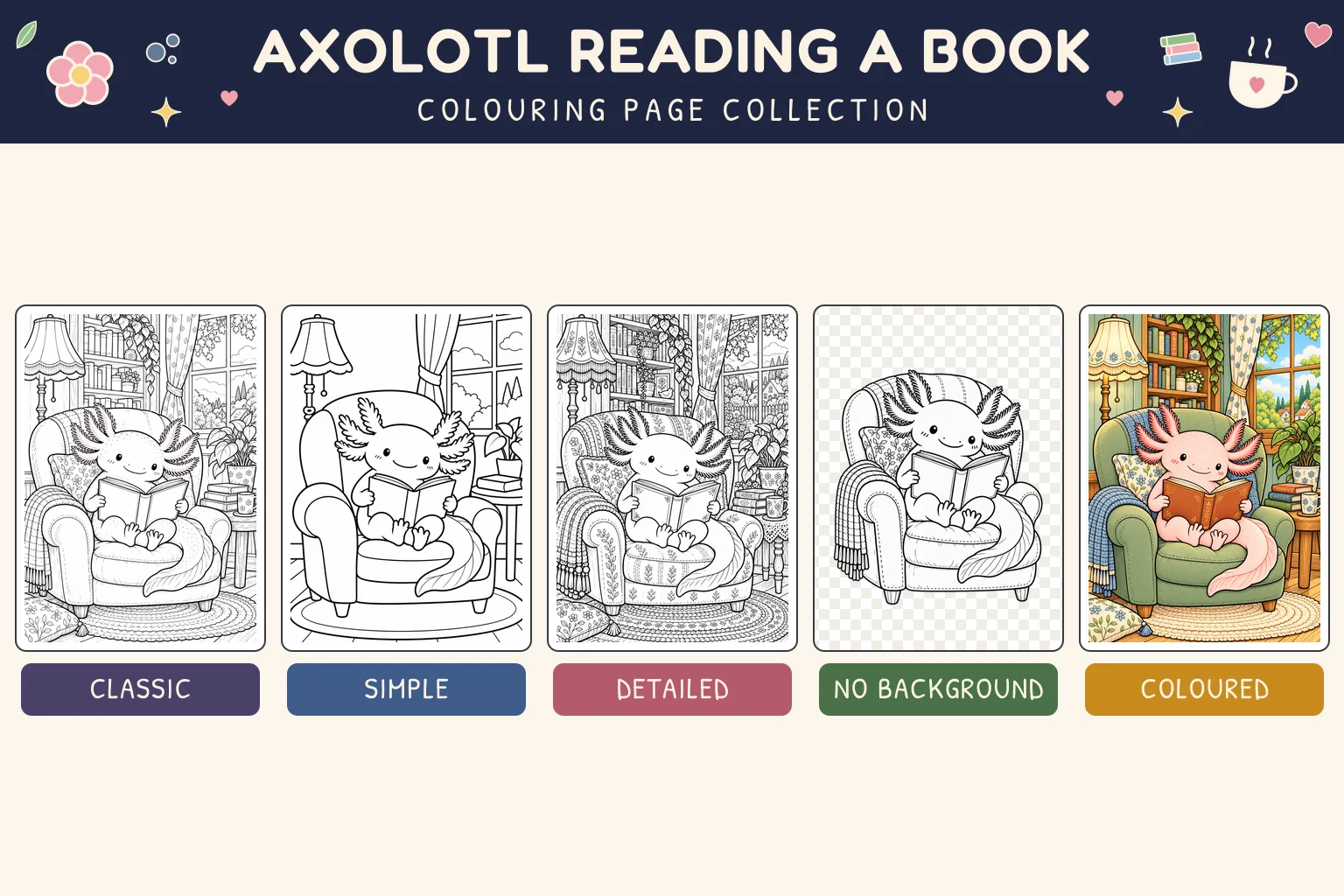 Axolotl Reading a Book colouring page showing classic, simple, detailed, no background and coloured versions.