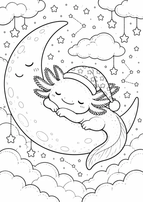 Classic colouring page: an axolotl wearing a nightcap asleep on a smiling crescent moon among clouds, hanging stars and constellations