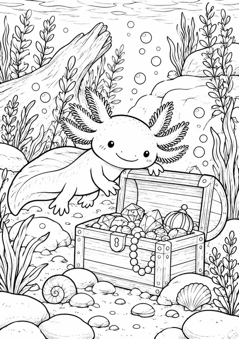 Classic colouring page: an axolotl underwater beside an open treasure chest full of coins, jewels and pearls, with water plants, a sunken log, stones, shells and bubbles
