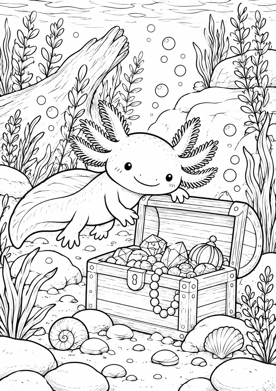 Classic colouring page: an axolotl underwater beside an open treasure chest full of coins, jewels and pearls, with water plants, a sunken log, stones, shells and bubbles