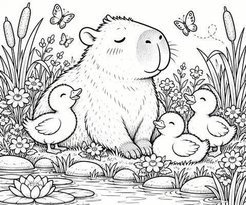 Classic colouring page: a capybara with its eyes closed sitting by a pond with three ducklings, surrounded by reeds, flowers, butterflies and water lilies