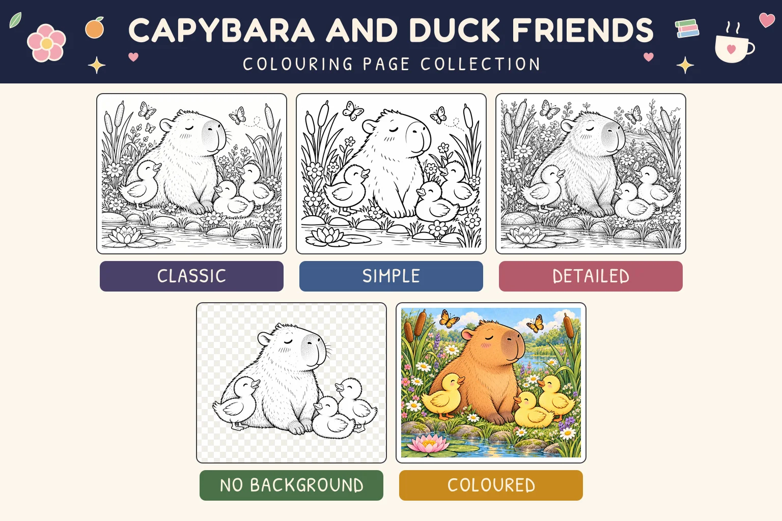 Capybara and Duck Friends colouring page showing classic, simple, detailed, no background and coloured versions.