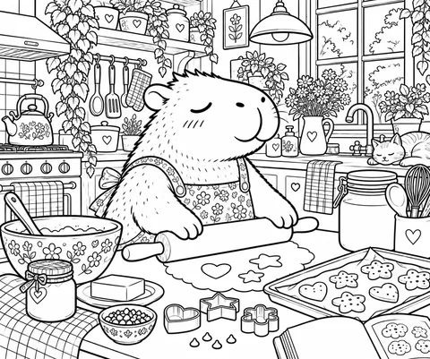Classic colouring page: a capybara in a flowery apron rolling out cookie dough at a kitchen table, with heart and star cookie cutters, a tray of cookies, a flour jar, a mixing bowl and a recipe book, and a cat asleep by the window