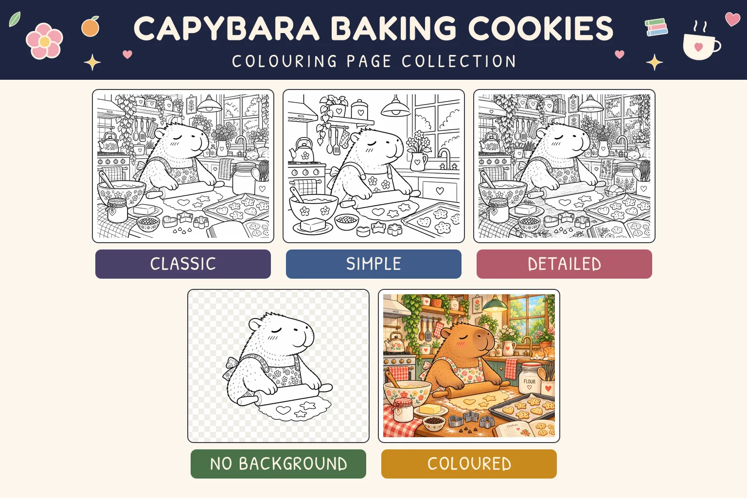Capybara Baking Cookies colouring page showing classic, simple, detailed, no background and coloured versions.