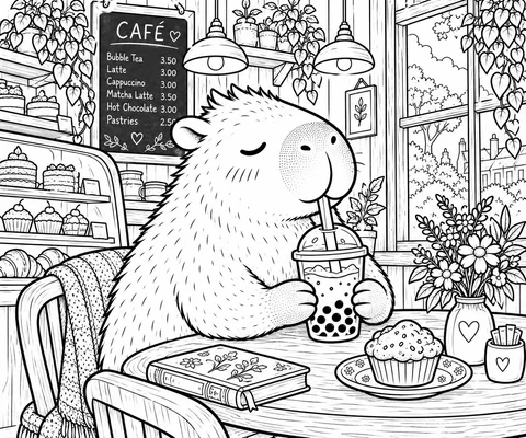 Classic colouring page: a capybara with its eyes closed drinking bubble tea through a straw at a round café table, with a cupcake, a book and a vase of flowers, a window and a café sign behind
