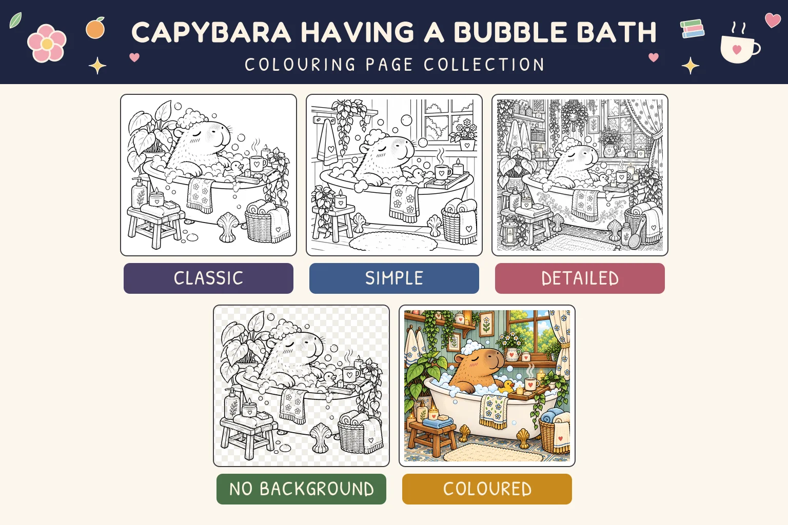 Capybara Having a Bubble Bath colouring page showing classic, simple, detailed, no background and coloured versions.