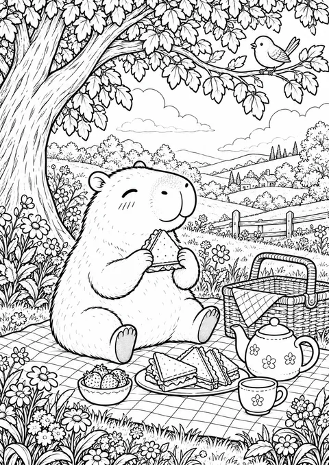 Classic colouring page: a capybara sitting on a checked picnic blanket under a tree eating a sandwich, with a picnic basket, teapot, cup, sandwiches and strawberries, wildflowers and hills behind