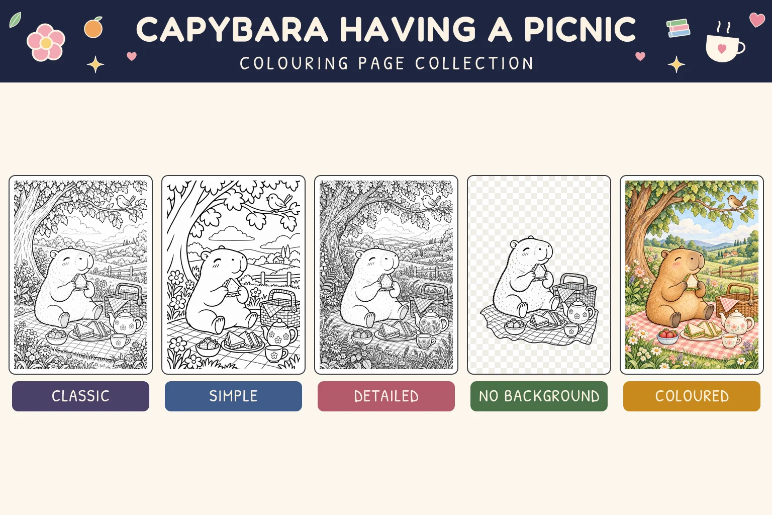 Capybara Having a Picnic colouring page showing classic, simple, detailed, no background and coloured versions.