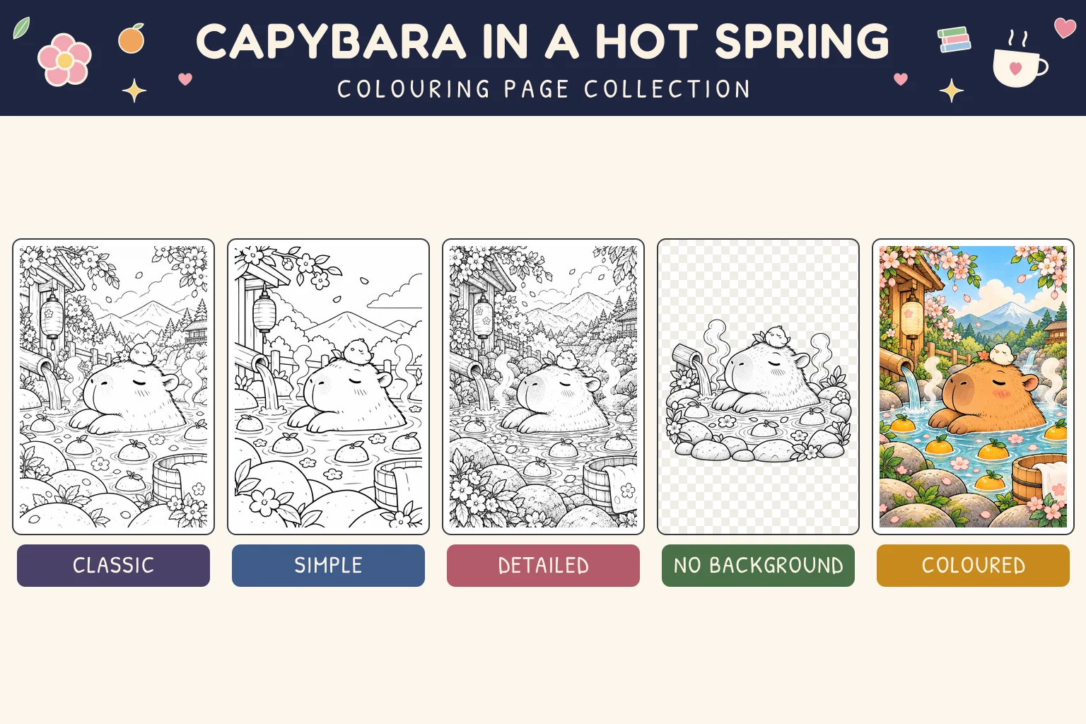 Capybara in a Hot Spring colouring page showing classic, simple, detailed, no background and coloured versions.