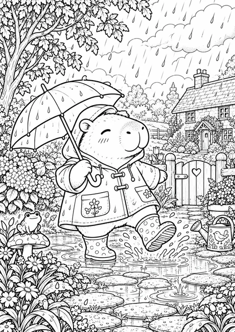 Classic colouring page: a smiling capybara in a raincoat and wellington boots splashing in puddles on a garden path under an umbrella, with a frog on a toadstool, flowers and a cottage behind