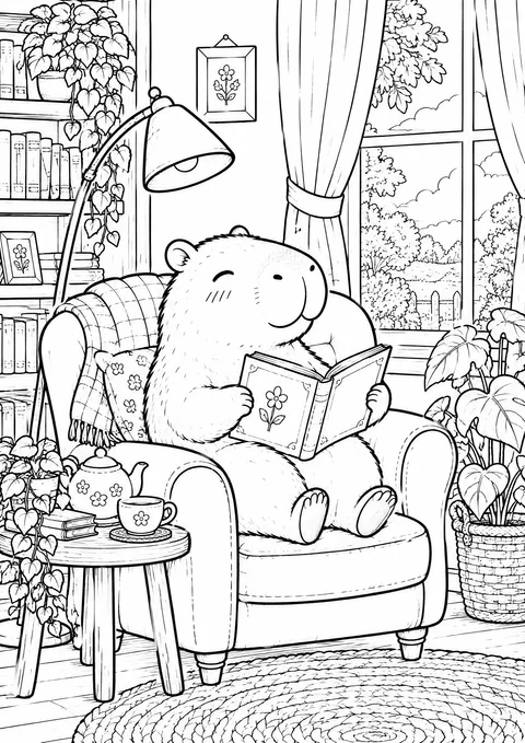 Classic colouring page: a capybara sitting in a large armchair reading an open book, with a reading lamp, a side table with a teacup, bookshelves, plants and a window