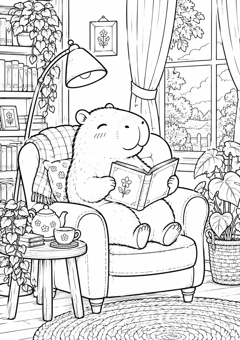 Classic colouring page: a capybara sitting in a large armchair reading an open book, with a reading lamp, a side table with a teacup, bookshelves, plants and a window
