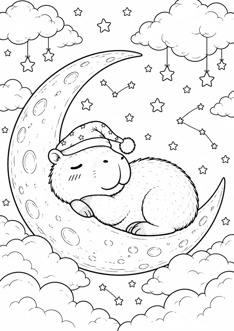 Classic colouring page: a capybara wearing a nightcap asleep on a crescent moon among clouds, hanging stars and constellations