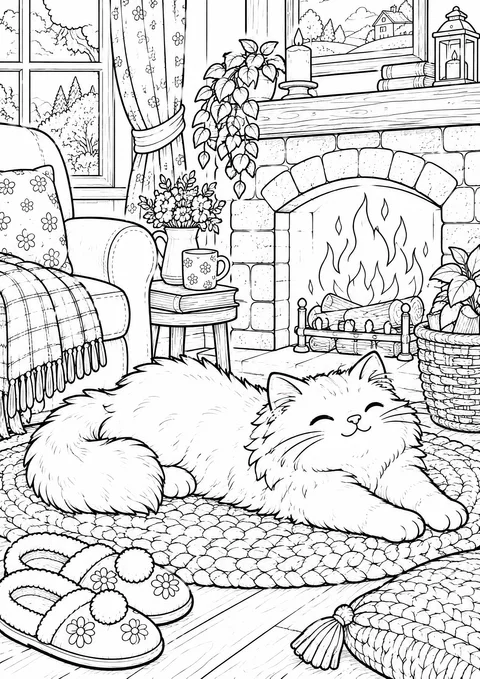Classic colouring page: a fluffy cat lying stretched out on a round braided rug in front of a fireplace, with slippers, a log basket, an armchair and a cushion