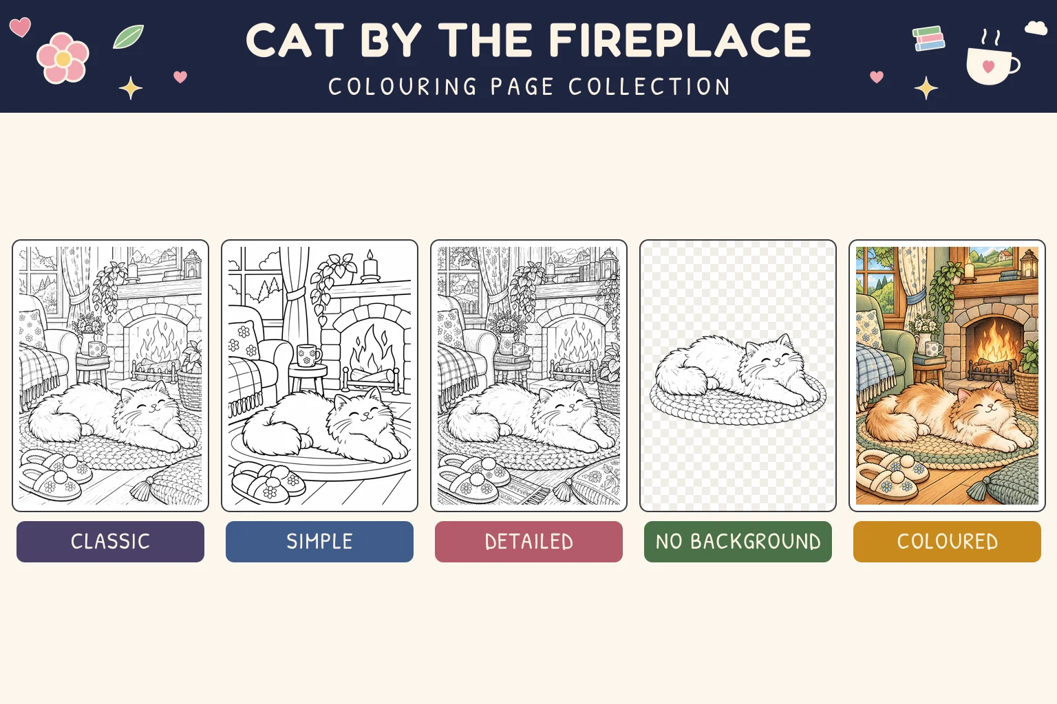 Cat by the Fireplace colouring page showing classic, simple, detailed, no background and coloured versions.