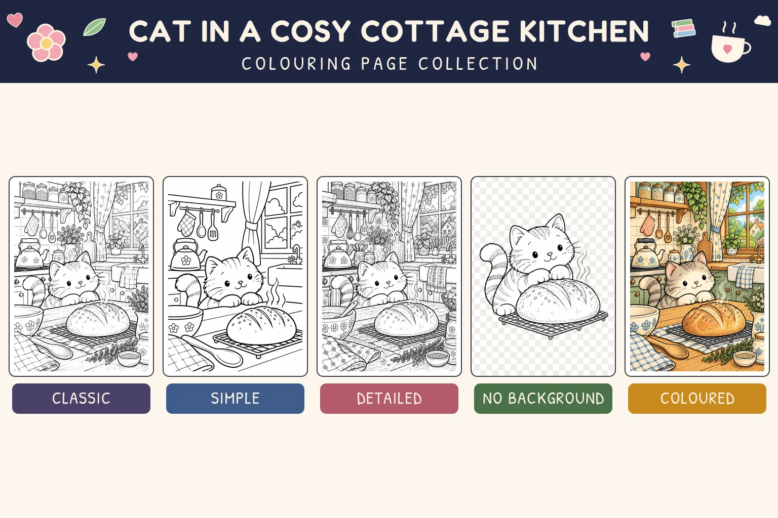 Cat in a Cosy Cottage Kitchen colouring page showing classic, simple, detailed, no background and coloured versions.