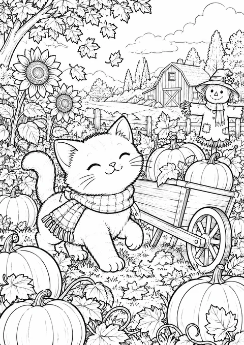 Classic colouring page: a kitten wearing a scarf walking through a pumpkin patch with a wheelbarrow, falling leaves, sunflowers, a scarecrow and a red barn