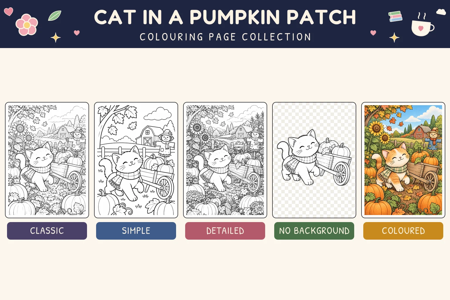 Cat in a Pumpkin Patch colouring page showing classic, simple, detailed, no background and coloured versions.