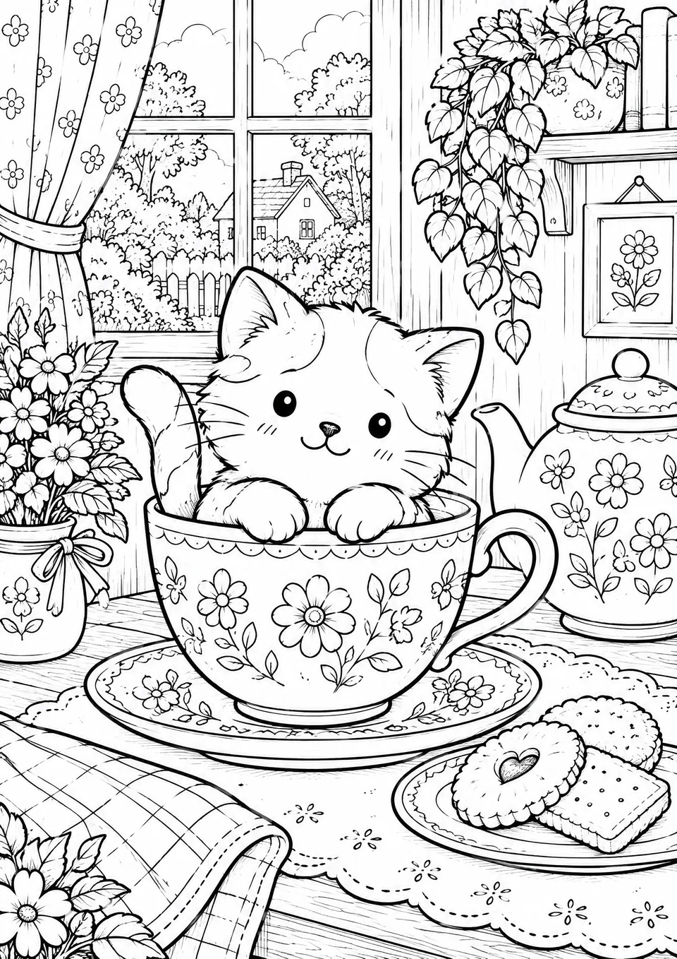 Classic colouring page: a small kitten peeking out of a large flowery teacup on a saucer, with a teapot, a plate of biscuits and flowers on a table with a lace cloth