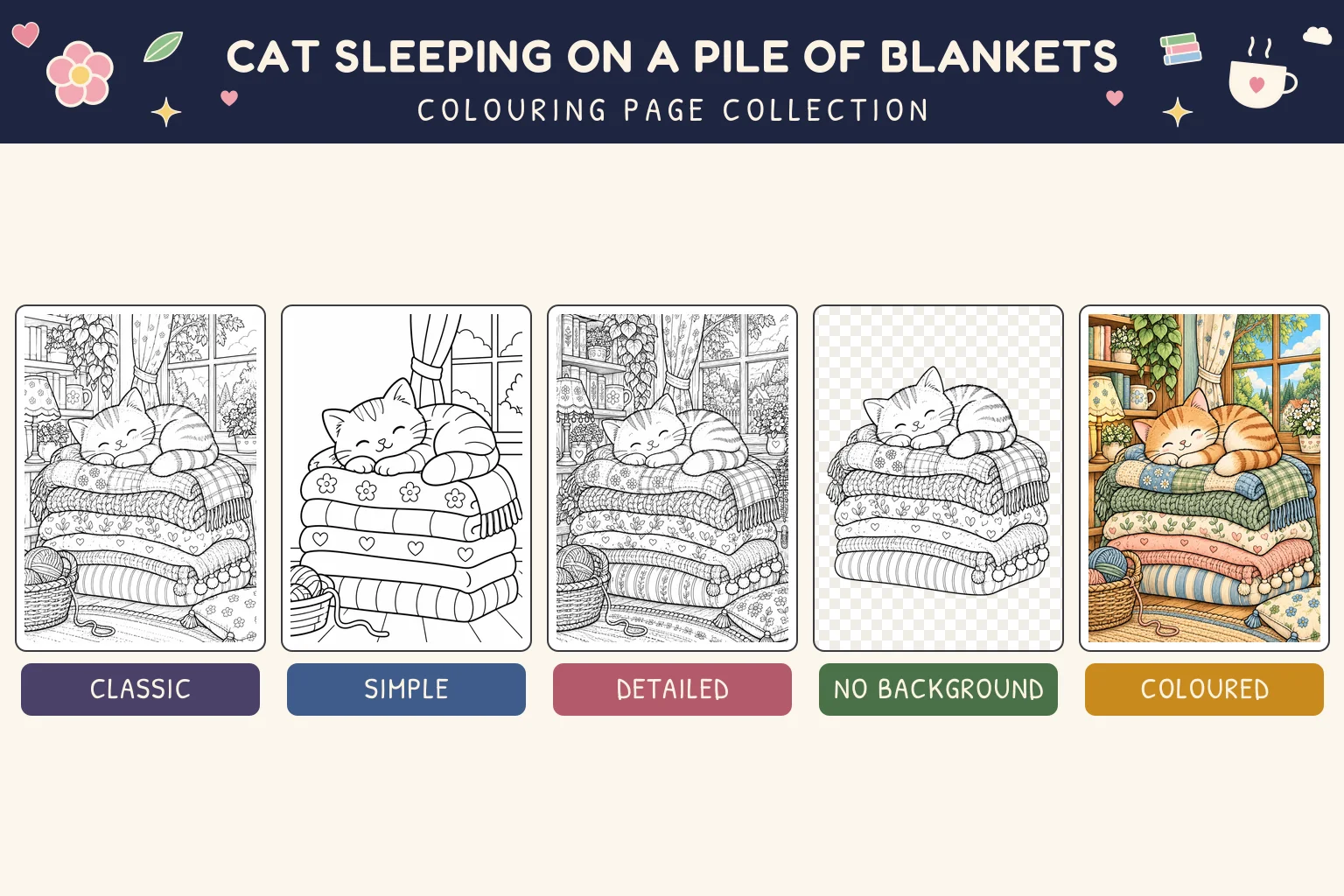 Cat Sleeping on a Pile of Blankets colouring page showing classic, simple, detailed, no background and coloured versions.