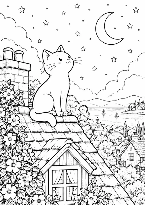 Classic colouring page: a cat sitting on a tiled cottage roof looking up at a crescent moon and stars, with a chimney, climbing roses, a lit window, and a lake and houses below