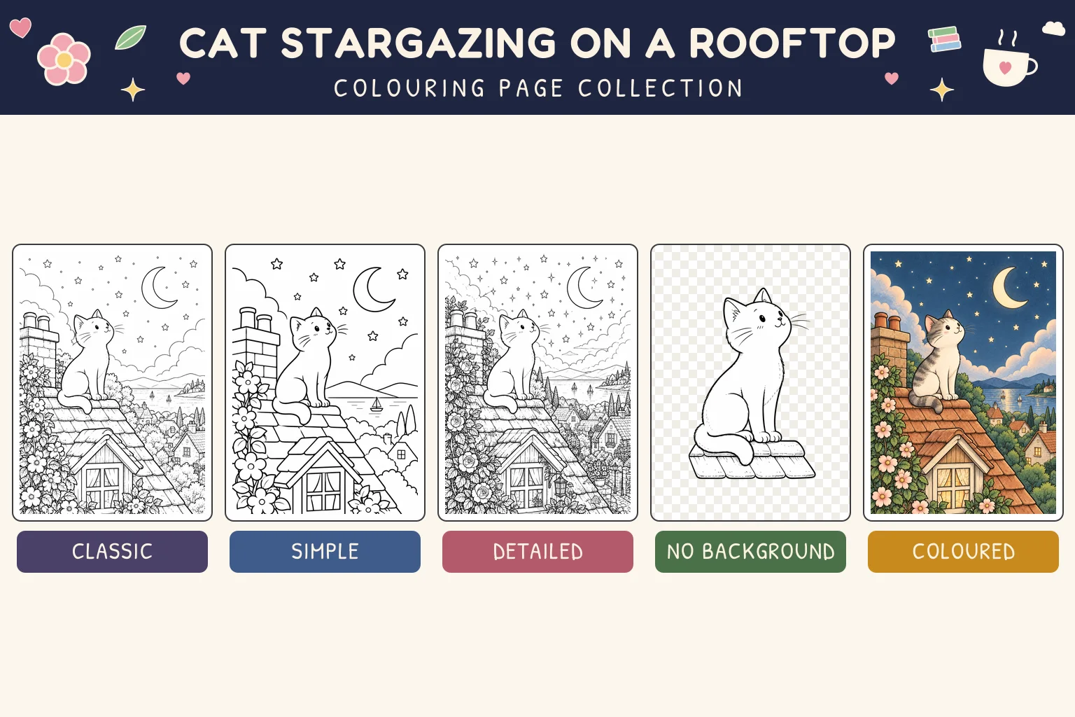Cat Stargazing on a Rooftop colouring page showing classic, simple, detailed, no background and coloured versions.