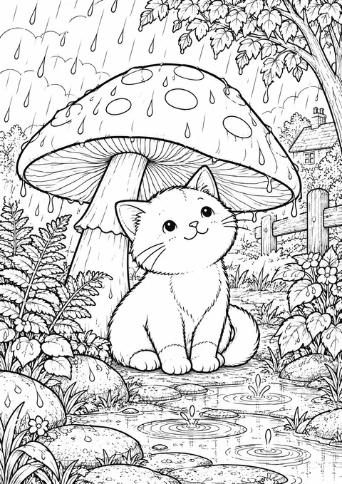 Classic colouring page: a kitten sitting under a large spotted mushroom in the rain, with ferns, stones, puddles with raindrops and a cottage behind the trees
