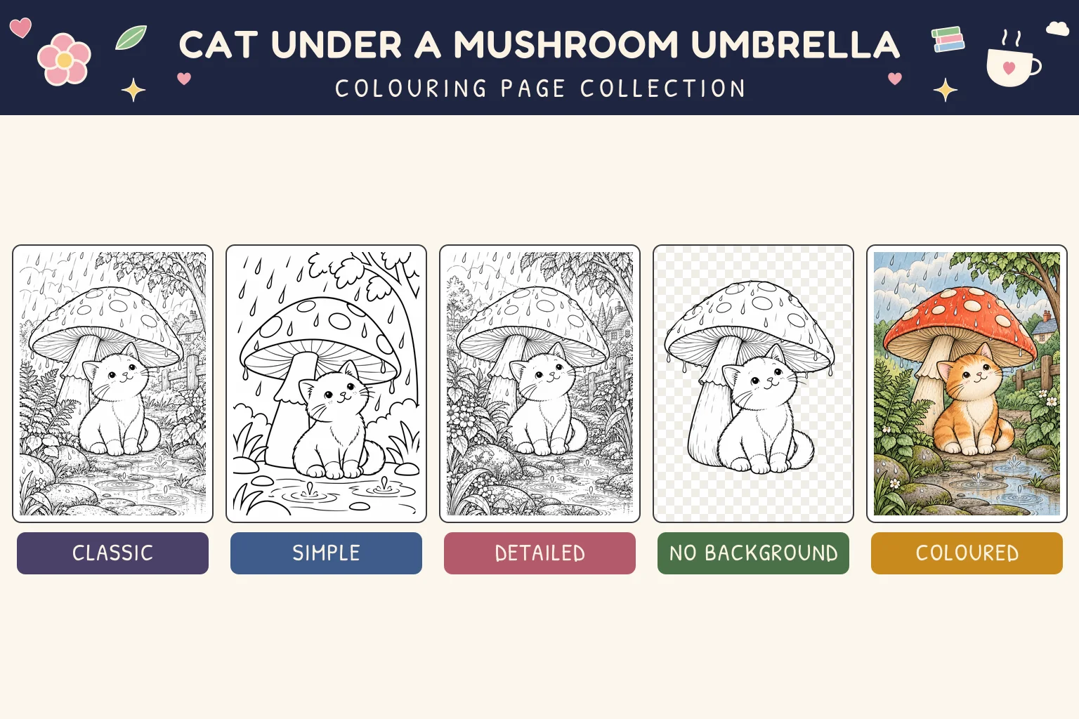 Cat Under a Mushroom Umbrella colouring page showing classic, simple, detailed, no background and coloured versions.