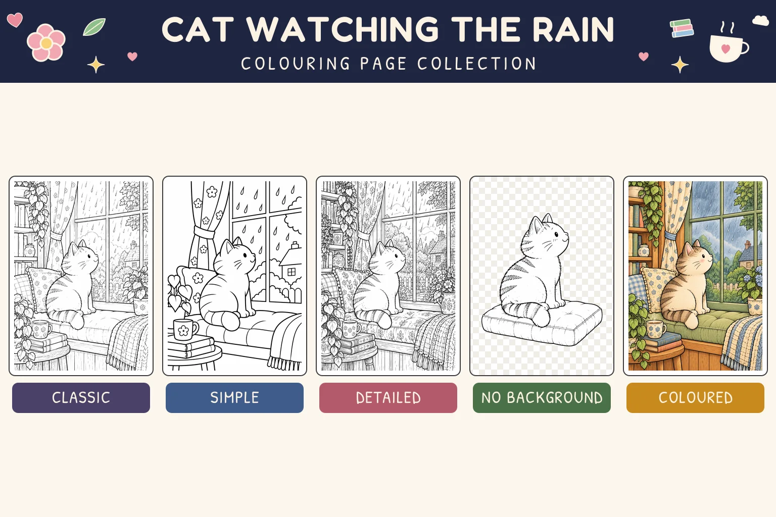 Cat Watching the Rain colouring page showing classic, simple, detailed, no background and coloured versions.