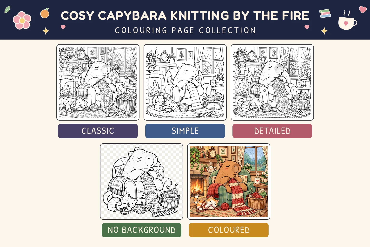 Cosy Capybara Knitting by the Fire colouring page showing classic, simple, detailed, no background and coloured versions.